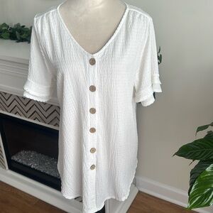 I.N. Studio White Ruffle Sleeve Button Down Shirt